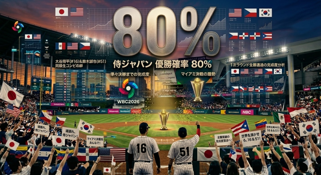 WBCのAI予想80%で各国が応援している様子。
