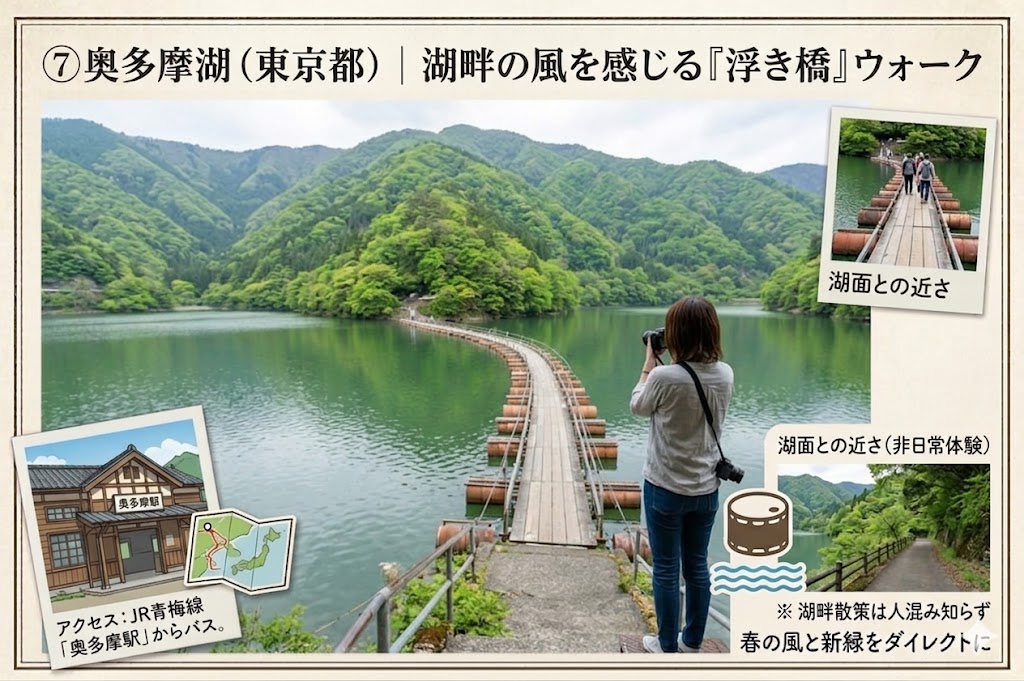奥多摩湖の浮き橋(ドラム缶橋)の風景と観光情報をまとめたスクラップブック風の画像。