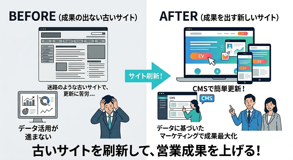 古いサイトから成果の出る新しいサイトへのリニューアルを示すビフォーアフター図