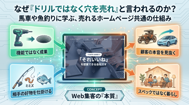 なぜ『ドリルではなく穴を売れ』と言われるのか？馬車や魚釣りに学ぶ、売れるホームページ共通の仕組みとは