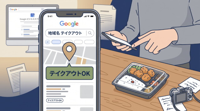 スマホの画面に「テイクアウトOK」、プラスティック容器に入った料理のイラストがあるイラスト