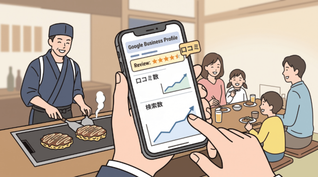 和風の店内で店員が笑顔でお好み焼きを焼き、家族が笑顔で食事をする様子