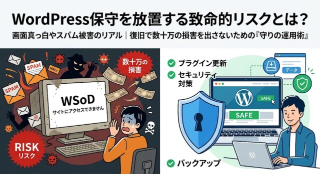 WordPress保守を放置する致命的リスクとは？画面真っ白やスパム被害のリアル｜復旧で数十万の損害を出さないための「守りの運用術」